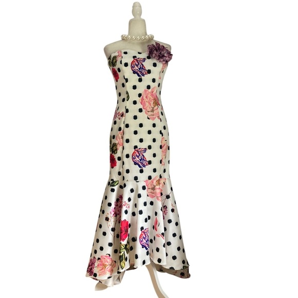 Marchesa Notte Strapless Black Polka Dot Gown Pink Floral - Picture 16 of 16